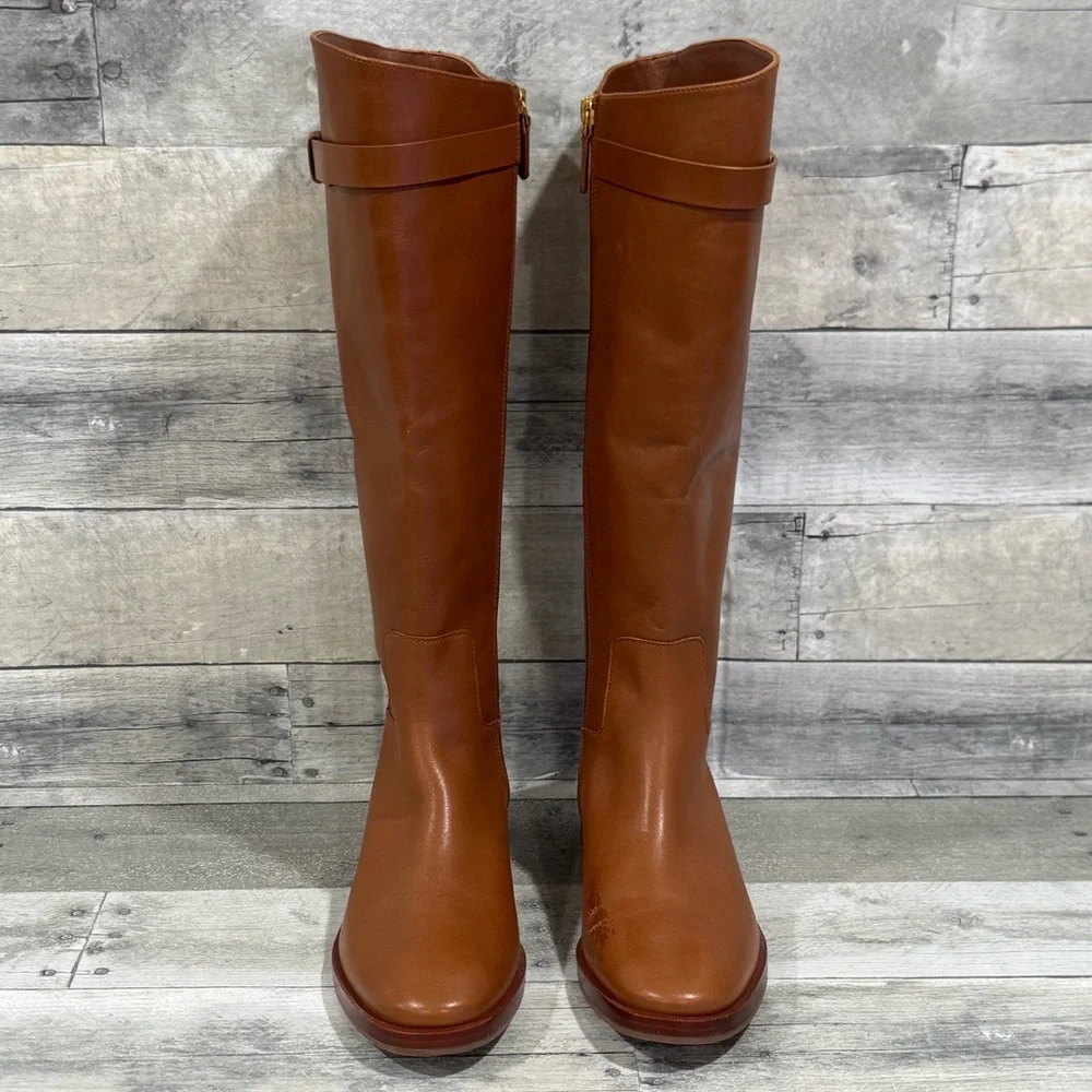 TORY BURCH EVERLY STRAP RIDING BOOTS - SIERRA TAN - SIZE - 7M .US